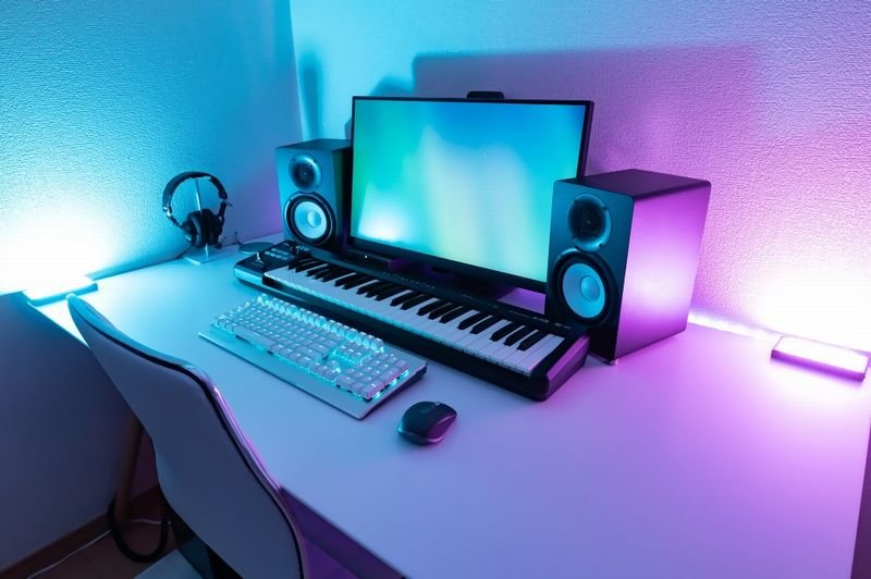 パソコンや周辺機器が設置されライトアップされているデスク上のイメージ1